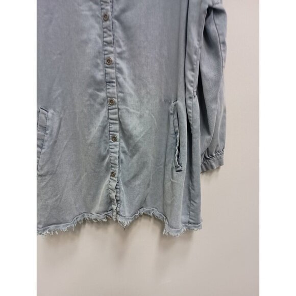 Fate Womens BOHO Shirt Small Blue Chambray Oversized Lantern Sleeve Button Up - Picture 2 of 11